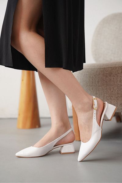 MODAADAM Women's Mely Buckle Short Heeled Shoes - White-Patentate