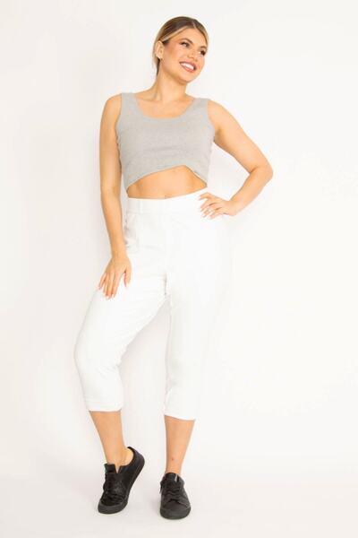 Şans Women's Large Size White Front Ornament Pocket Mouth Stone Detailed Lycra Double Leg Leggings Trousers 65n34701