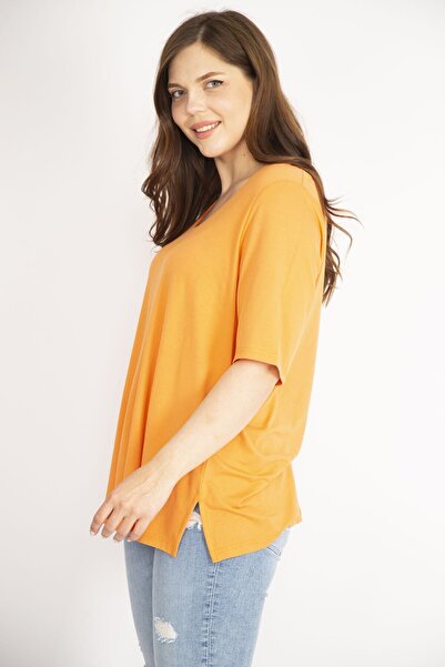 Şans Women's Orange Large Size Two-Layer Short Sleeve Lycra Blouse 65n36341