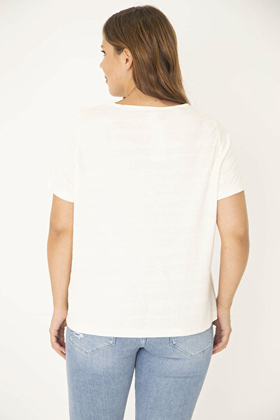 Şans Women's Large Size Bone Bike Collar Self Patterned Blouse 65n36933