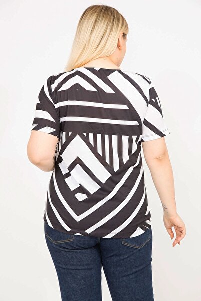Şans Women's Black Large Size Crew Neck Geometric Patterned Short Sleeve Blouse 65n35774