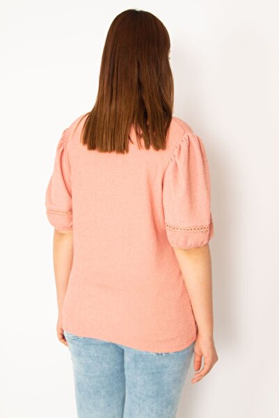 Şans Women's Large Size Lycra Seersucker Blouse with Lace Detail on Dusty Rose Collar and Cuff 65n33320