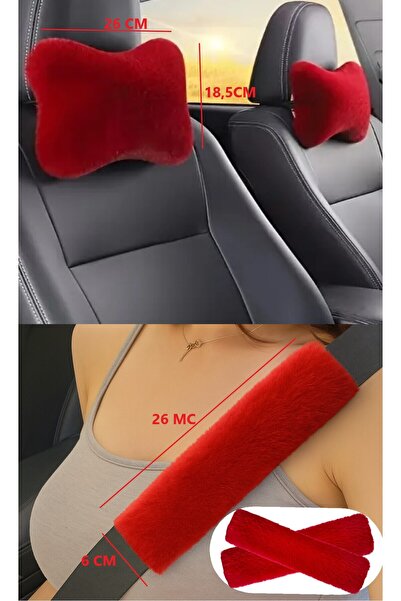 AYAZGRUP Kırmızı Peluş Oto Boyun Yastığı + Emniyet Kemeri Pedi – 4’lü Set – S...