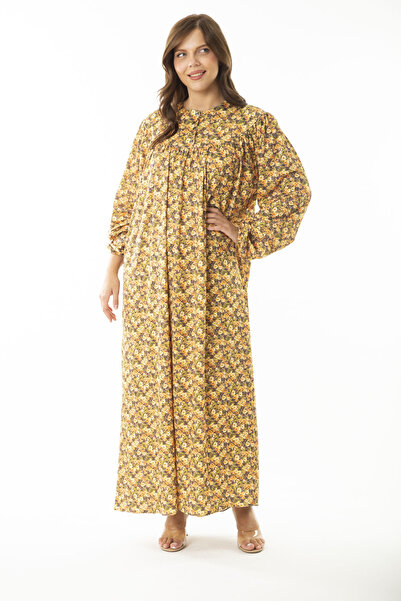 Şans Női nagy méretű sáfrány elöl gombos mellkasi összegyűjtött hosszú ruha 65N36906