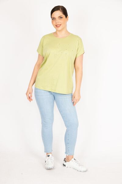 Şans Γυναικεία Πράσινη Μεγάλο Μέγεθος Βαμβακερό Υφασμάτινο Πέτρινη Μπλούζα 65n36094