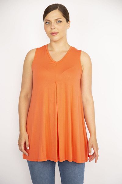 Şans Γυναικεία Πορτοκαλί Plus Size V-λαιμόκοψη Μπροστινή Πιέτα Μπλούζα 65n36598