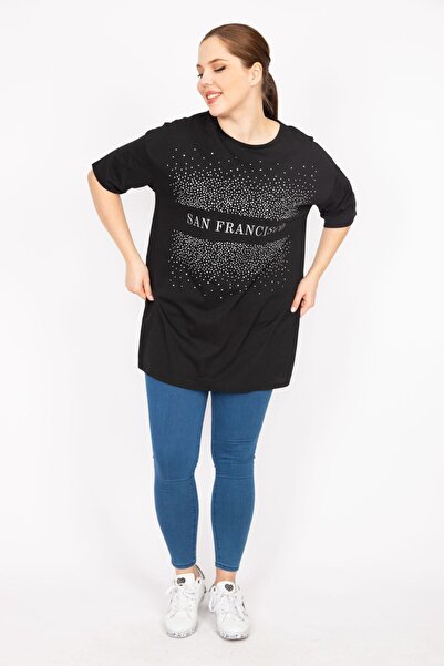Şans Жіноча антрацитова блуза великого розміру з каменем і символом 65n35949