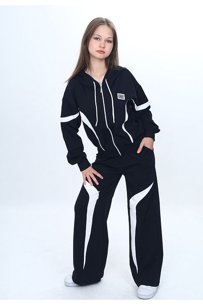 Asortix Set de trening pentru fete, 100% bumbac, cu glugă, cu fermoar, oversize, partea de jos și de sus, la modă-315