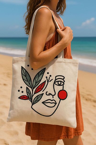 Mustgross Beach & Daily Use Punch Embroidered Zippered Linen Bag 1 Piece 42X34Cm Strap 26cm