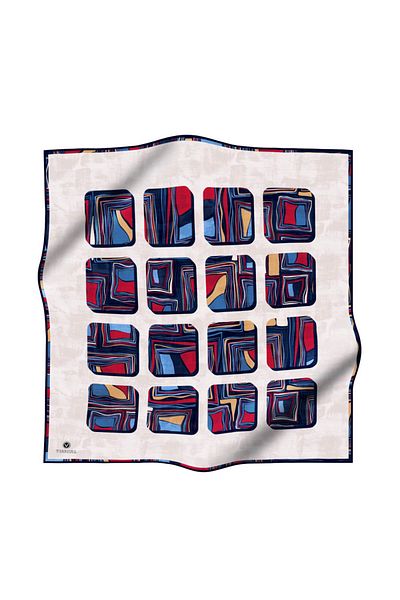 Vissona Twill Silk Scarf with Geometric Square Pattern - Red and Navy Color, 90X90 Planting Shape