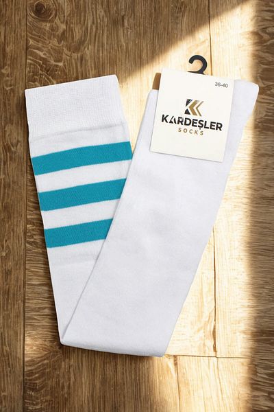 KARDEŞLER ÇORAP Памучни чорапи над коляното с тюркоазени райета и бял цвят