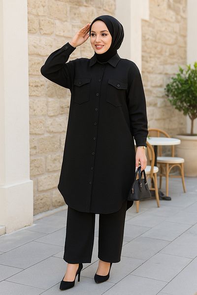 Neva Style Costum cu nasturi hijab negru 44661S