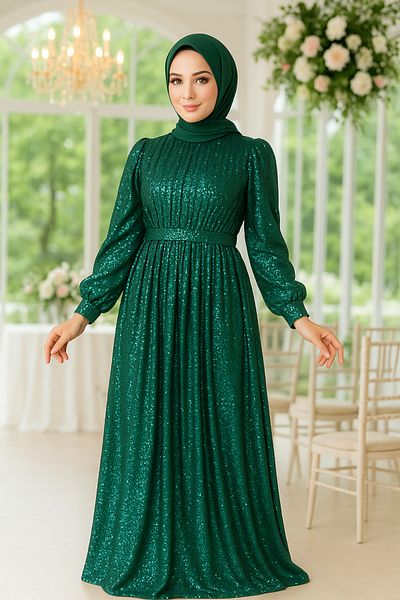 Neva Style Rochie de seară hijab verde cu paiete 44961y