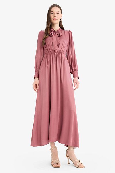 DeFacto Regular Fit Bow Collar Satin Long Sleeve Midi Dress F0819Ax25Sp