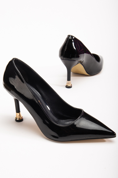 bakacstore Women's Black Patent Leather Closed Back Gold Heel Detailed Heeled Shoes
