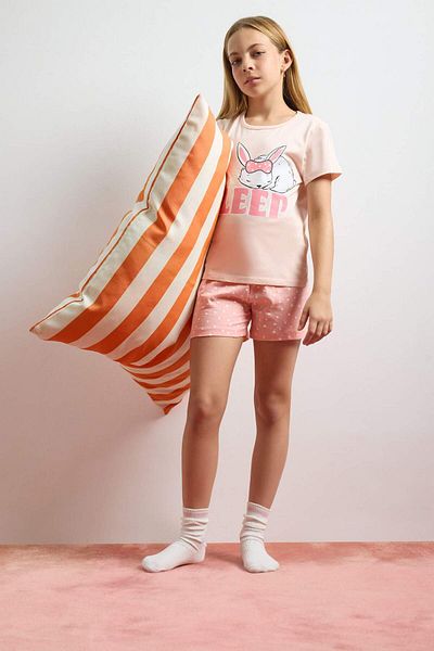 DeFacto Set pijamale pentru fete Top cu mâneci scurte imprimate Pantaloni scurți elastici în talie E6227A825HS