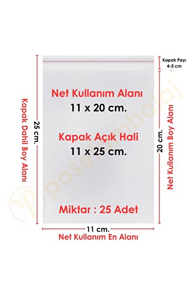 CarpCorn 11x20+5 cm. (11*25) 25 Adet Şeffaf Bantlı Yapışkanlı Jelatin Poşet