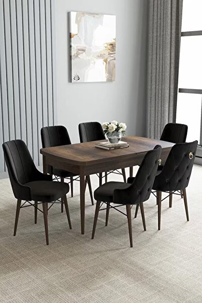 asaella mobilya Loft Barok Desen 80x132 Açılabilir Mdf Masa Yemek Odası Takımı, Mutfak Takımı 6 Sandalye