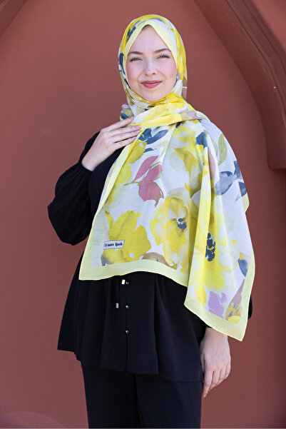49eyşanipek Romantik Sarı Çiçek Desenli Pamuklu Şal