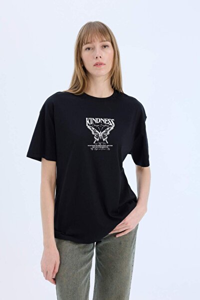 DeFacto Übergroßes, weites, bedrucktes Kurzarm-T-Shirt mit Rundhalsausschnitt auf der Rückseite D9613AX25SM