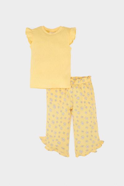 DeFacto Set 2 bucăți pentru fetiță, tricou cu mânecă scurtă, pantaloni din viscoză cu flori, E7798A525SM