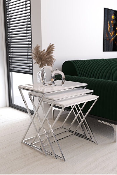 ysnn aksesuar ROYAL 3'LÜ KARE ZİGON GÜMÜŞ KAPLAMA BEYAZ MDF MEBRAN