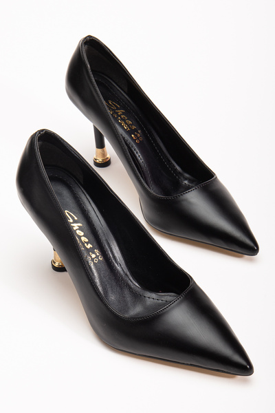 bakacstore Women's Black Leather Closed Back Gold Heel Detailed Heeled Shoes
