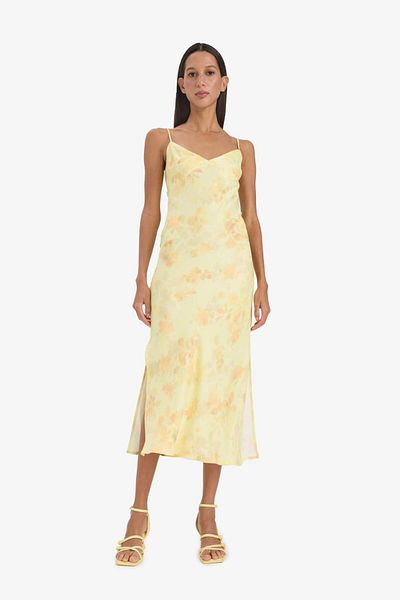 DeFacto V Neck Patterned Slit Satin Strap Midi Dress F2828Ax25Sm