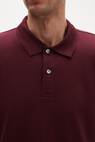 D'S Damat Regular Fit Plum 100% Cotton Polo Neck Embroidered T-Shirt