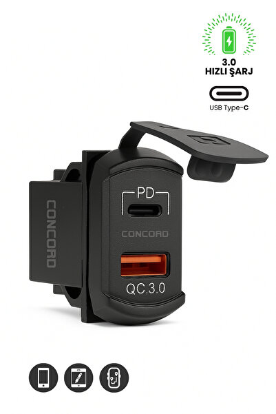 Concord CH-32 QC3.0 + PD Type-C Çift USB 12-24V Araç Şarj Cihazı