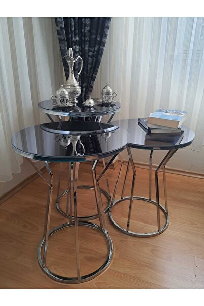 Genel Markalar Ekübya Home Kum Saati Üçlü Zigon Sehpa Gümüş Ayak Füme Ayna (Yan Sehpa - Vazo Ayak)