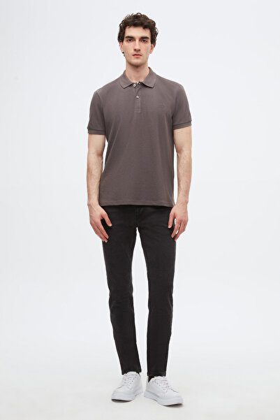 D'S Damat Regular Fit Anthracite Pique Textured 100% Cotton Non-Curling Polo Neck Embroidered T-Shirt