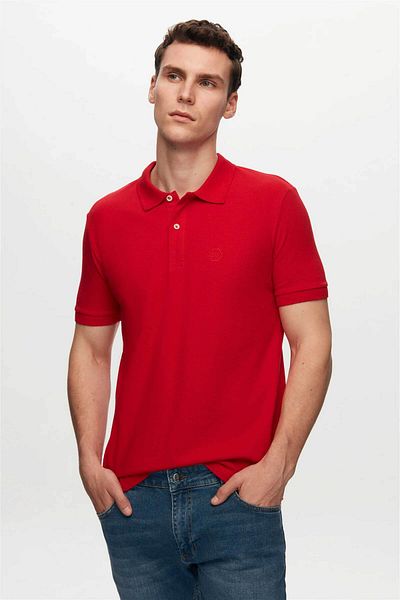 D'S Damat Тениска Regular Fit Red Pique Textured 100% Cotton Non-curd Polo яка и бродирана тениска