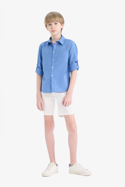 DeFacto Boy's Polo Neck Linen Look Long Sleeve Shirt B5983A825Sm