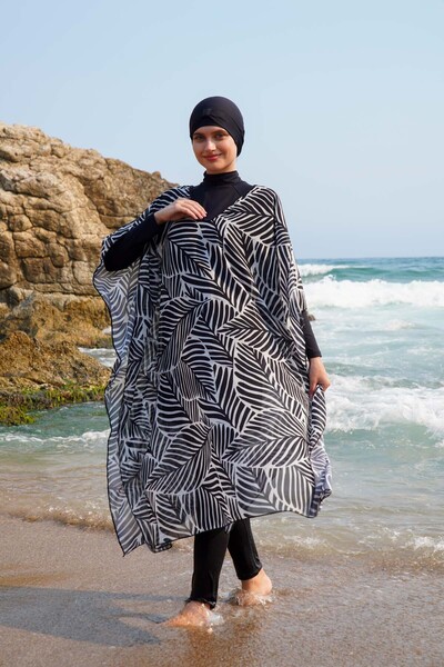 vawensea Women's Hijab Swimsuit White Leaf Patterned Single Pareo