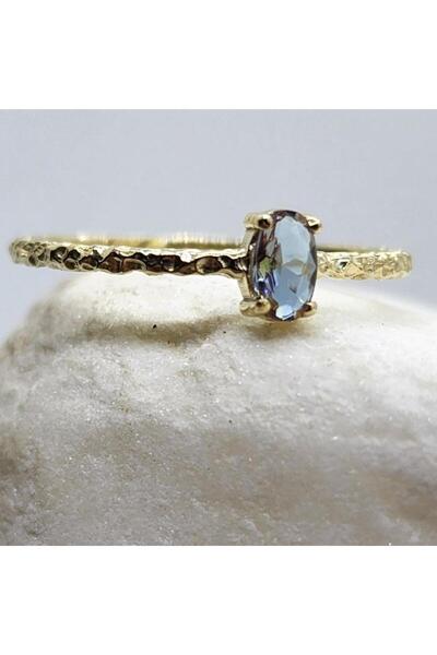 FasekGold Tektaş Altın Yüzük - 14 Ayar Altın Dövme Oval 0.30 Karat Zultanit T...