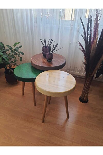 Ekübya Home Masif Doğal Ahşap Yuvarlak Çok Renkli Üçlü Zigon Sehpa (Üçlü-Battal Boy)