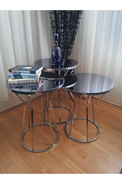 Genel Markalar Ekübya Home Kum Saati Üçlü Zigon Sehpa Gümüş Ayak Füme Ayna (Yan Sehpa - Vazo Ayak)