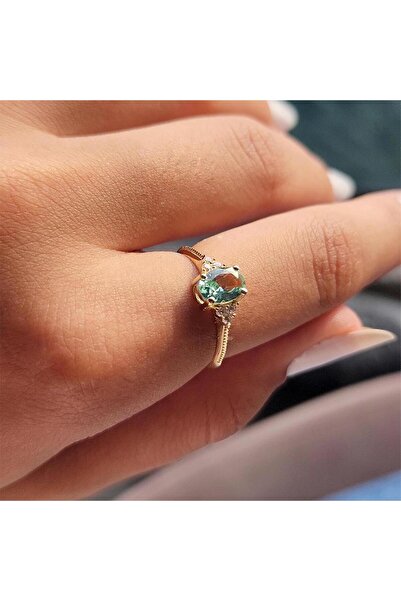 FasekGold Tria Altın Yüzük - 14 Ayar Altın 1.05 Karat Tria Oval Topaz Taşlı E...