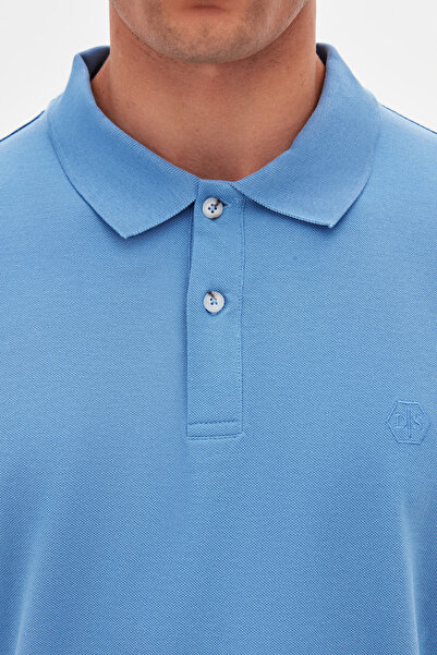 D'S Damat Ds Damat Regular Fit Light Indigo 100% βαμβακερό μπλουζάκι με κέντημα με γιακά πόλο μακράς διαρκείας