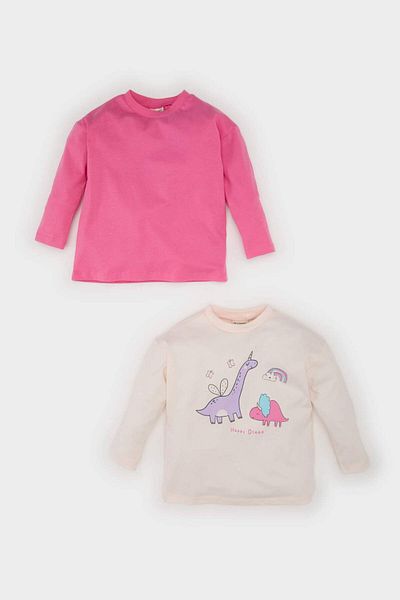 DeFacto Baby Girl Newborn Crew Neck Dinosaur Printed Combed Cotton 2-Piece Long Sleeve T-Shirt E6362A525Sp