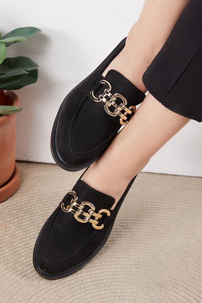 TOFİSA Women's Black Buckle Suede Shoes - 26357