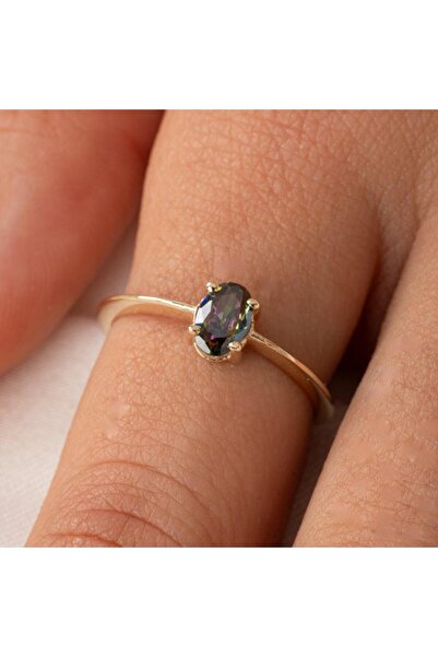 FasekGold Tektaş Altın Yüzük - 14 Ayar Altın 0.90 Karat Oval Mistik Topaz Taş...