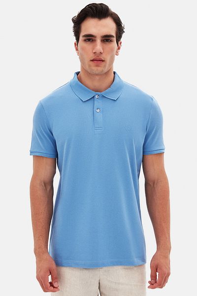 D'S Damat Ds Groom Regular Fit Light Indigo 100% bumbac Tricou brodat cu guler polo, fără ondulații, de lungă durată