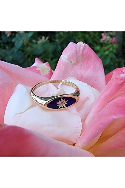 FasekGold Mineli Altın Yüzük - 14 Ayar Altın Oval Mühür Lacivert Mineli Kutup...