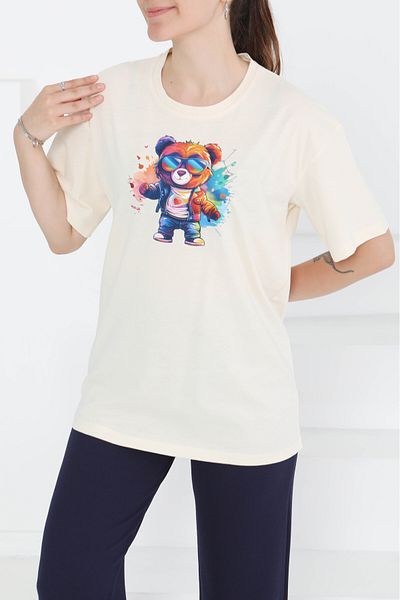 TOFİSA Printed Short Sleeve T-Shirt Cream - 27349