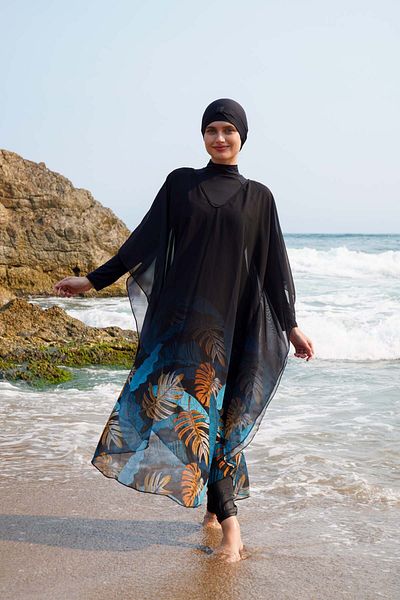 vawensea ملابس سباحة نسائية حجاب منقوشة بأوراق زرقاء