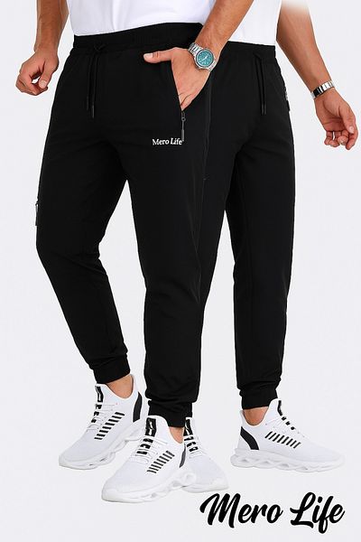 Mero Life Pantaloni de sport negri pentru bărbați, țesătură parașută de calitate