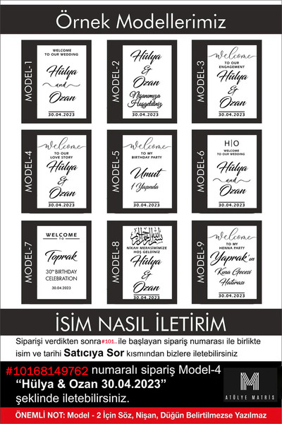 Atölye Matris Düğün Nişan Söz Kına Doğum Günü Ayna Yazısı 40cm Kişiselleştirilebilir Organizasyon Beyaz Sticker