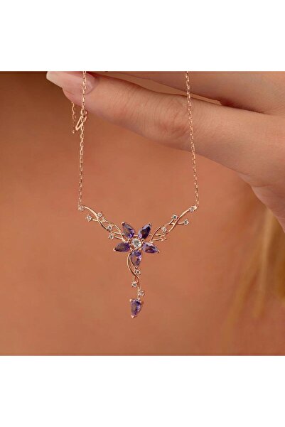 Gümüş Pazarım Ametist Taşlı Manolya Çiçeği Süzme Gümüş Kolye